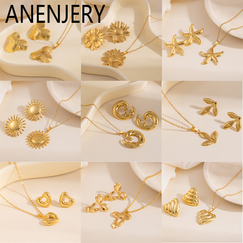 ANENJERY 316L Stainless Steel Rotating Flower Necklace Earrings Jewelry Set Exquisite Fashion Party Jewelry for Women