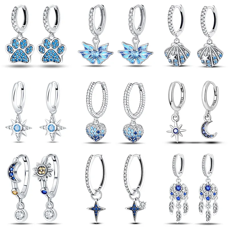 Hot Sale Fashion 925 Silver Color Earrings Blue Zircon Stars Moon Irregularity Earrings For Woman Fine Birthday Jewelry s