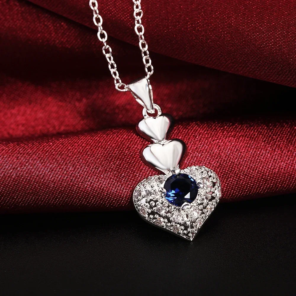 luxury brand 925 Sterling Silver Necklace For Women Jewelry cute blue crystal heart Pendant birthday gifts Wedding party