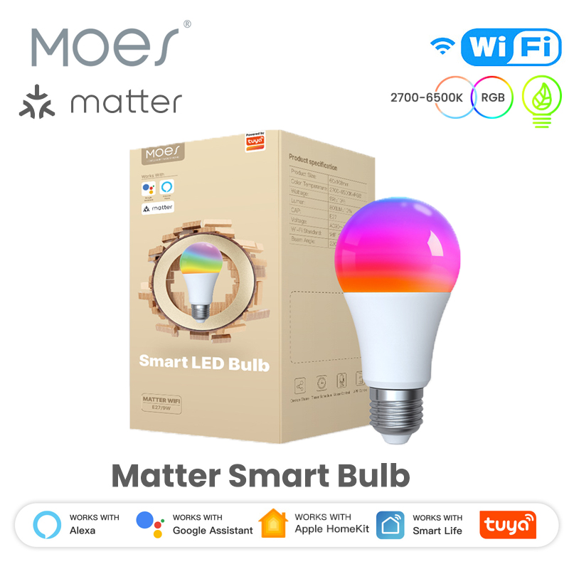 MOES Tuya Matter WiFi Smart Bulb Dimmable Led Light 16 Million RGB Colors E27 Candle Lamp Voice Control Alexa Home
