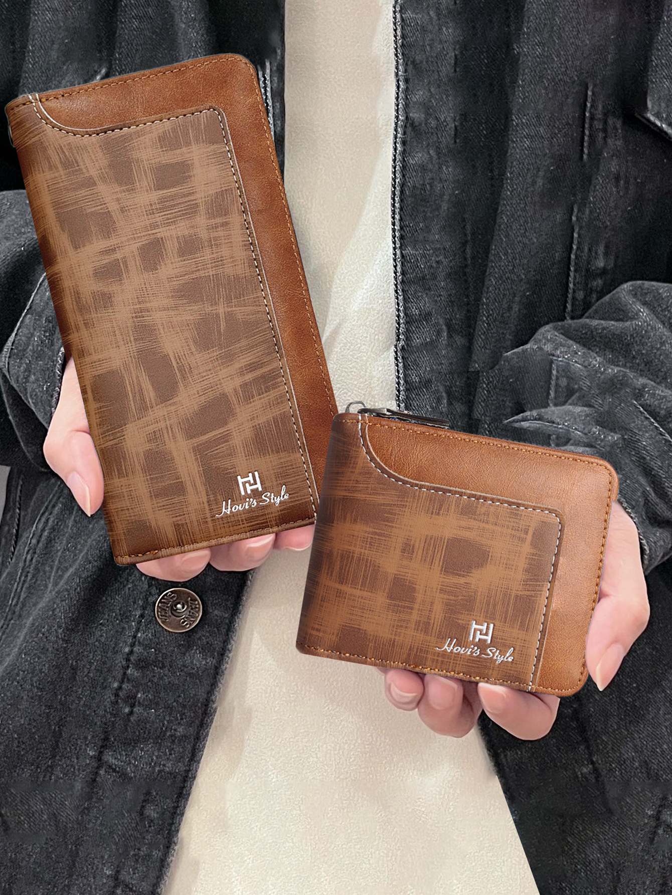 HOVI'S Men's 2-Piece Vintage Textured Clutch Wallet Set - Long Wristlet Clutch with Phone Storage + Compact Short Wallet
