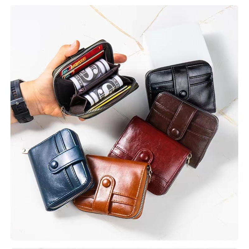 Fashion Men's Multi-Card Wallet Vintage PU Wax Oil Leather Short Wallets Unisex Zipper Coin Purse Male Card Holders Man Purses