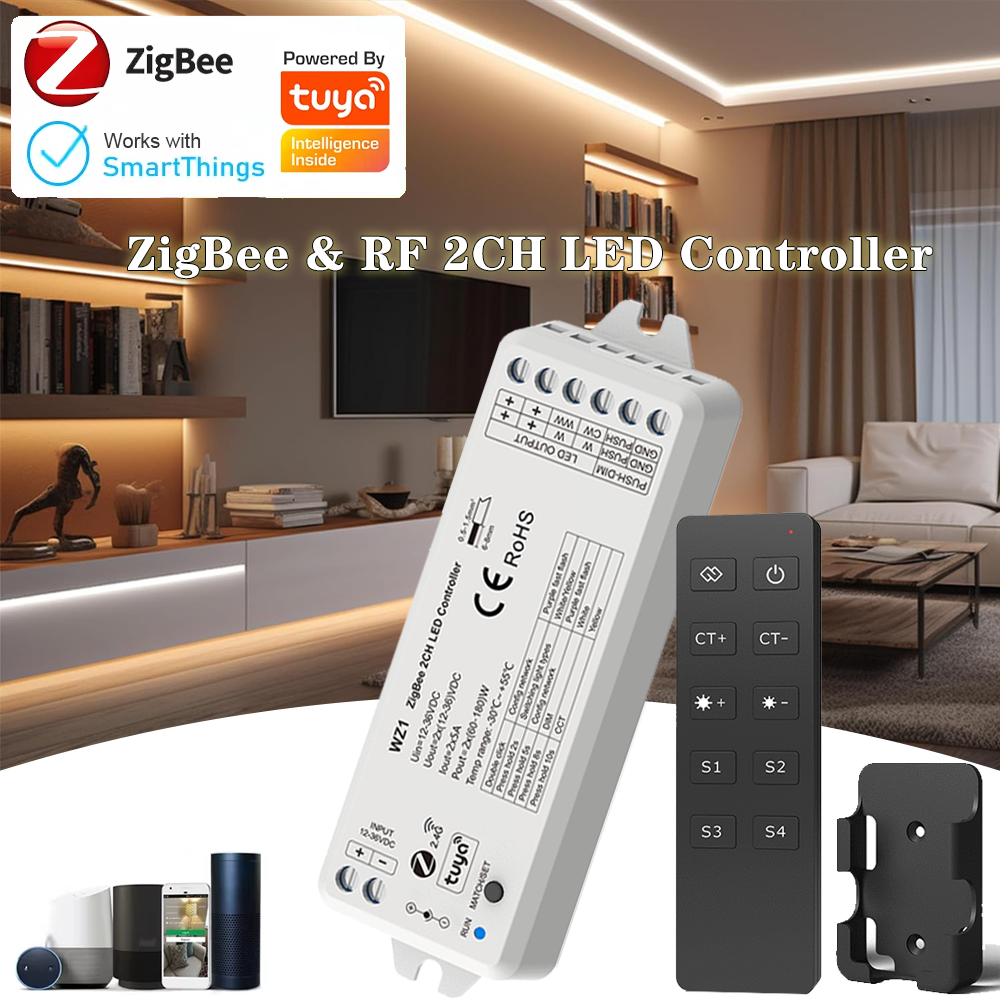 Zigbee 2CH LED Controller DC 12V 24V Smart Dimmer Match with10-Key CCT Wireless Remote for CCT LED Strip Works with Alexa