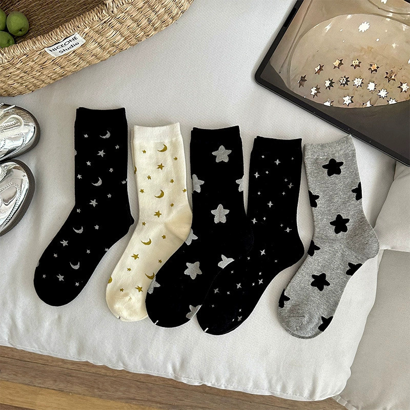1/5 pairs New Spring Autumn Fashion Versatile Long Socks Comfortable Casual Women's Socks Simple Sweat-Absorbing Mid-Calf Socks