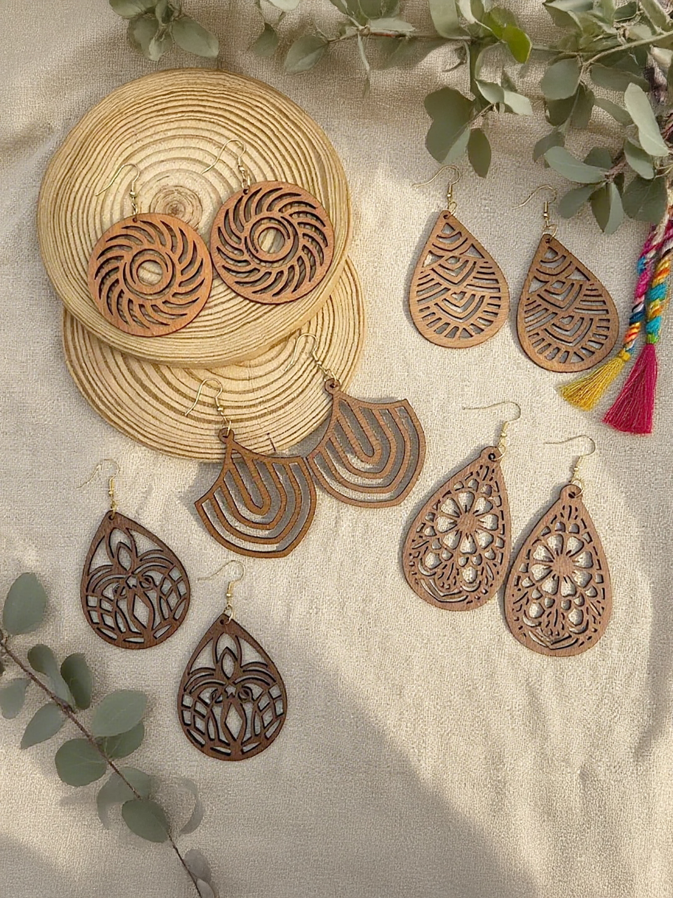 5 Pairs/Set, Vintage Elegant Hollow Design Geometric Pattern Wooden Earrings, Women's Bohemian Style Versatile Lightweight and Easy-To-Carry Wooden Earrings, Suitable for Daily Wear, Travel, Festivals, Etc