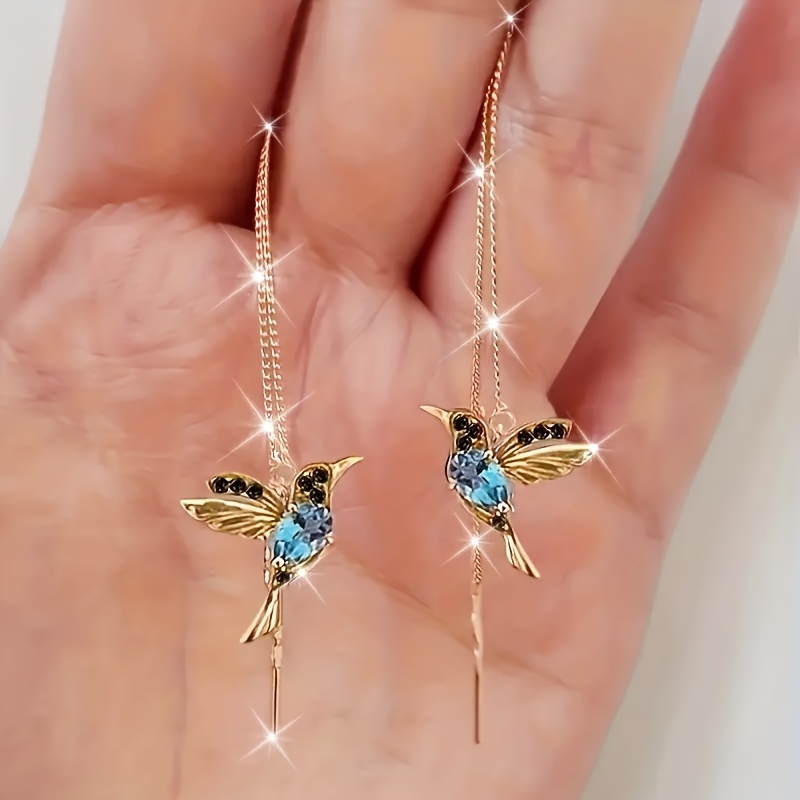 Elegant Hummingbird Tassel Earrings with Blue Gemstones Zinc Alloy Hanging Earrings for Women Daily Wear Parties Weddings