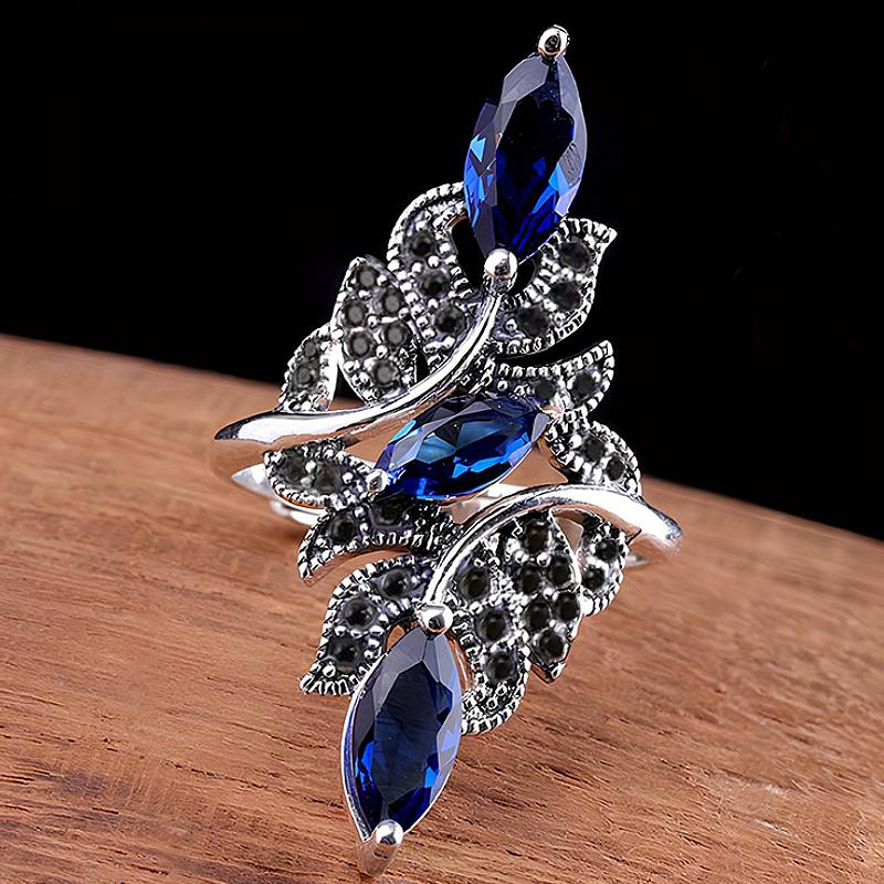 Huitan Marquise Shaped Design Women Opening Ring Inlaid Bright Black/Blue CZ Elegant Wedding Accessories Trendy Party Jewelry