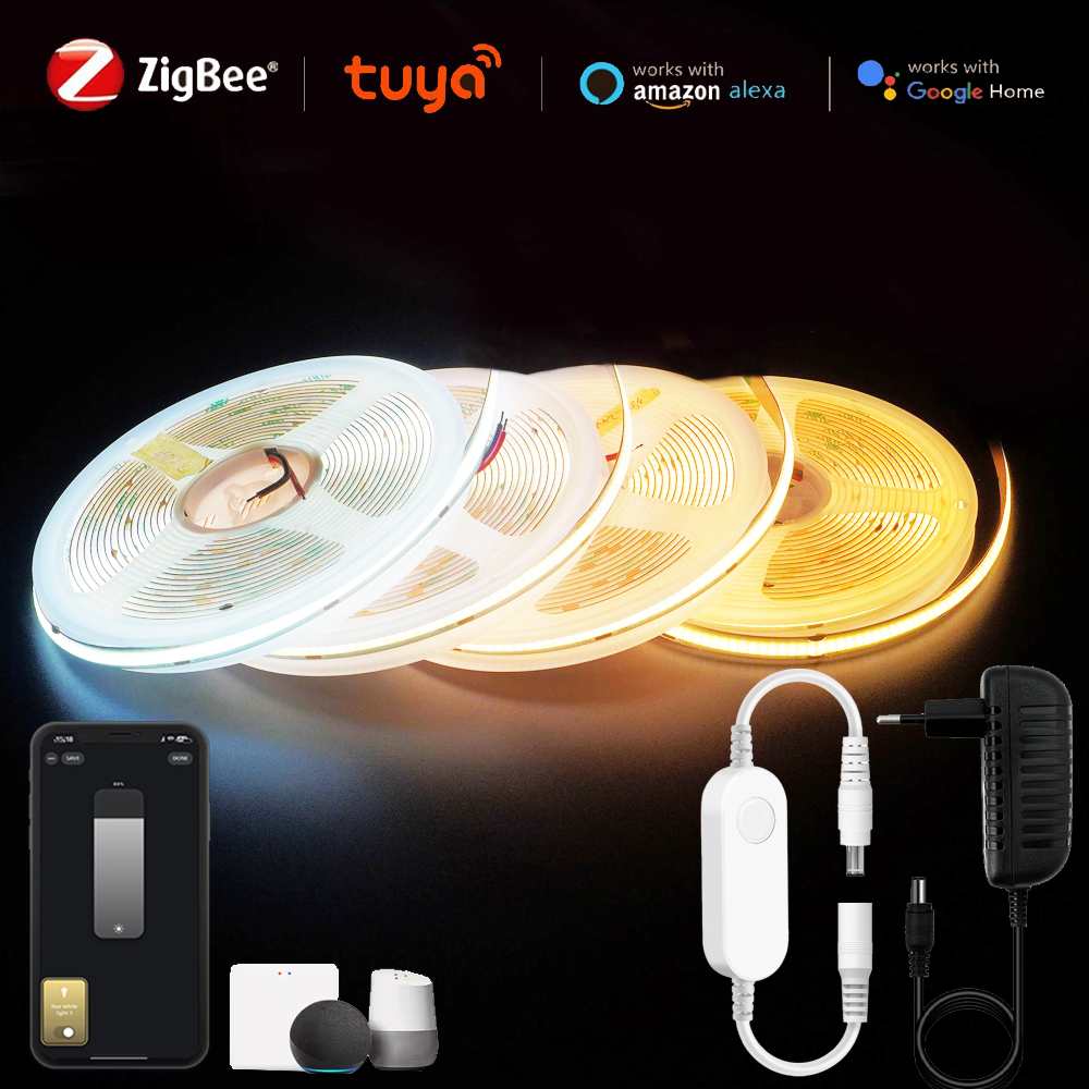 Tuya Zigbee3.0 COB LED Strip Light 12V 1-5M 320LEDs/m Flexible Dimmable Cupboard Wardrobe Decor Lamp for Alexa Assistant
