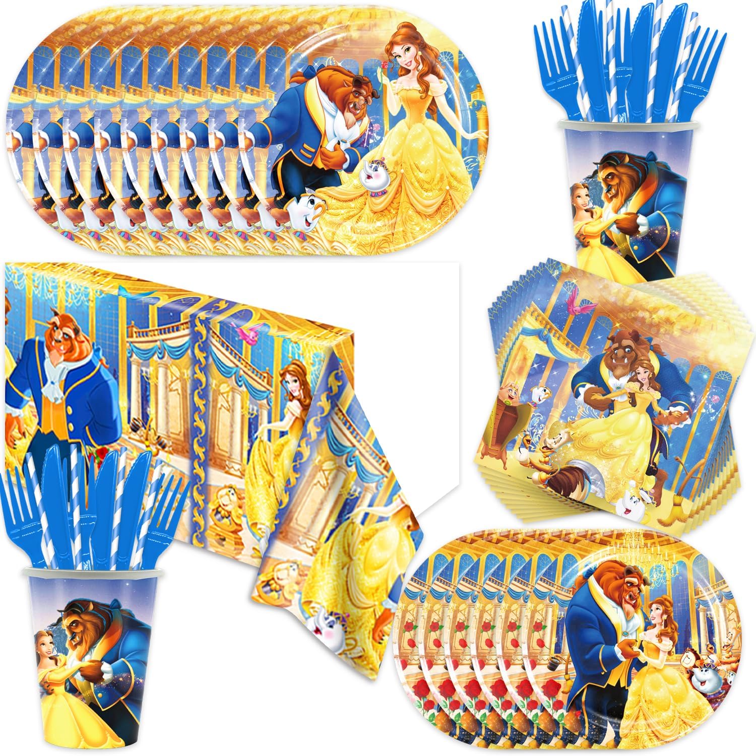 Beauty and the Beast Birthday Decorations Tableware Paper Cup Plate Napkin Tablecloth Balloons Set for Kids Girls Party Supplies