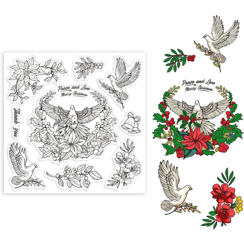 1Sheet Poinsettia and Christmas Doves Clear Stamps Christmas Flower Christmas Bird Transparent Silicone Stamps for DIY Scrapbook