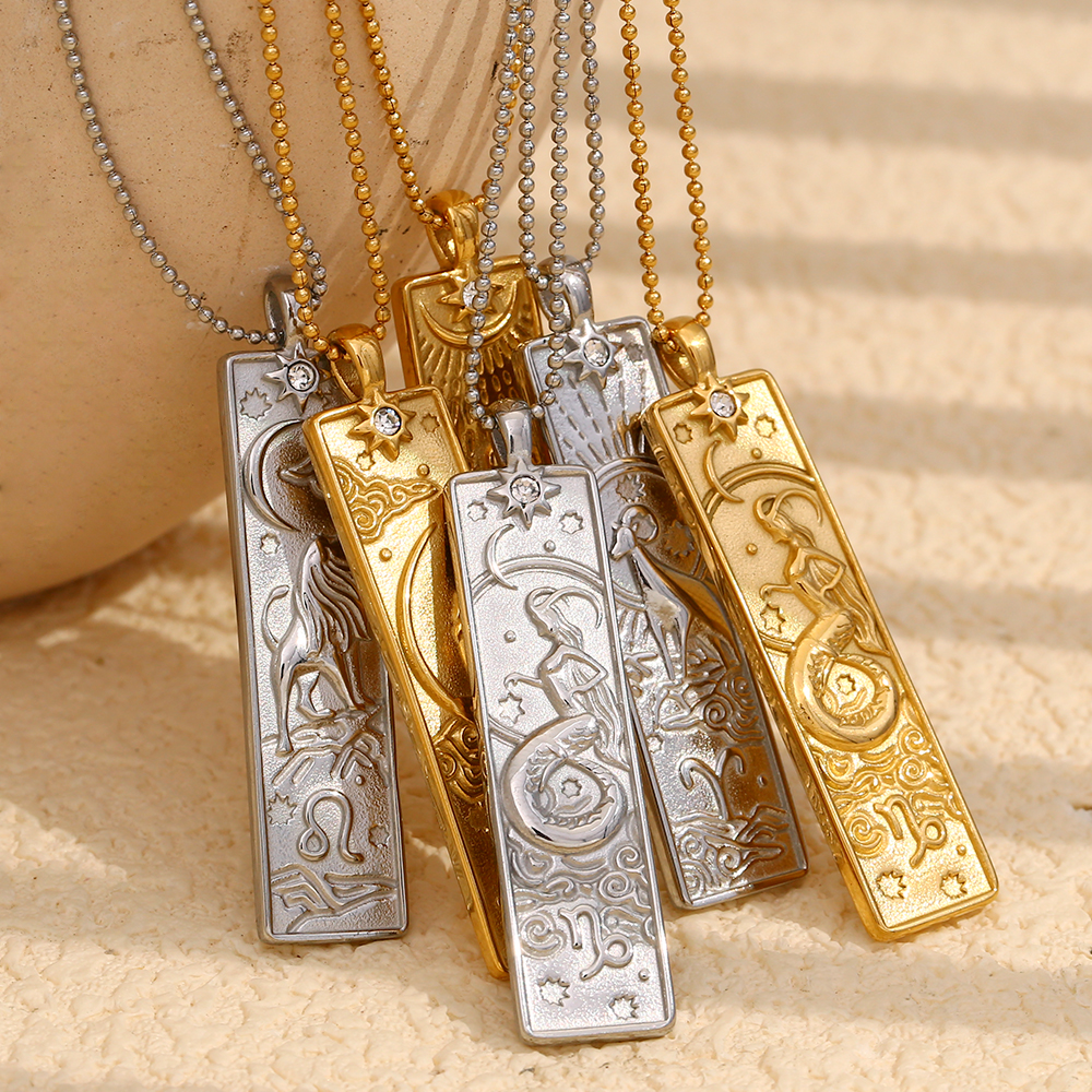 E.B.belle Classic Twelve Zodiac Rectangular Pendant Thin Beaded Chain Necklaces for women trendy women's stainless steel jewelry