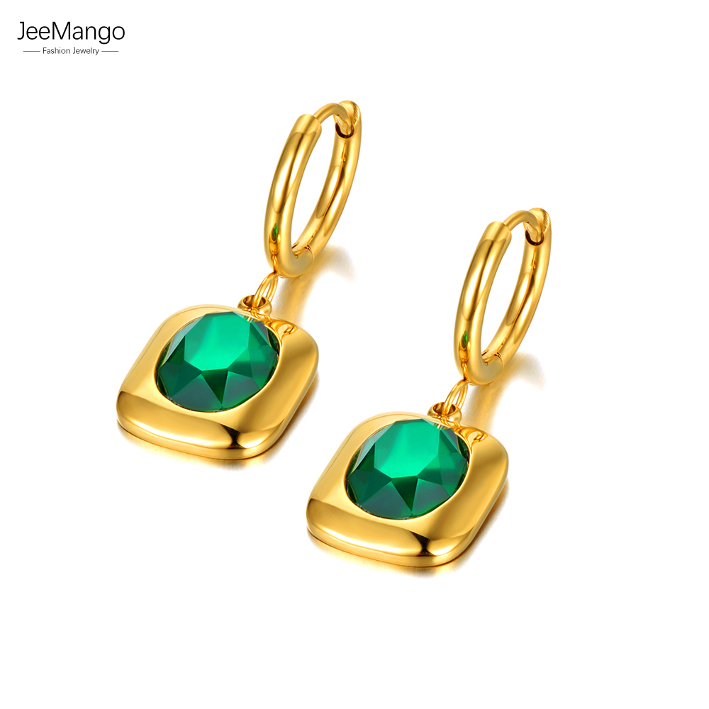 JeeMango Stainless Steel Geometric Square Hoop Earrings Trendy Green CZ Crystal Bohemia Party Earrings For Women Girls JE21171