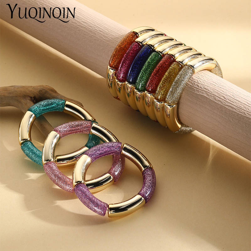 New Vintage Simple Bohemia Colorful Beaded Chain Bangle Bracelets Big Gold Color Resin Bracelet for Women Ethnic Jewelry s