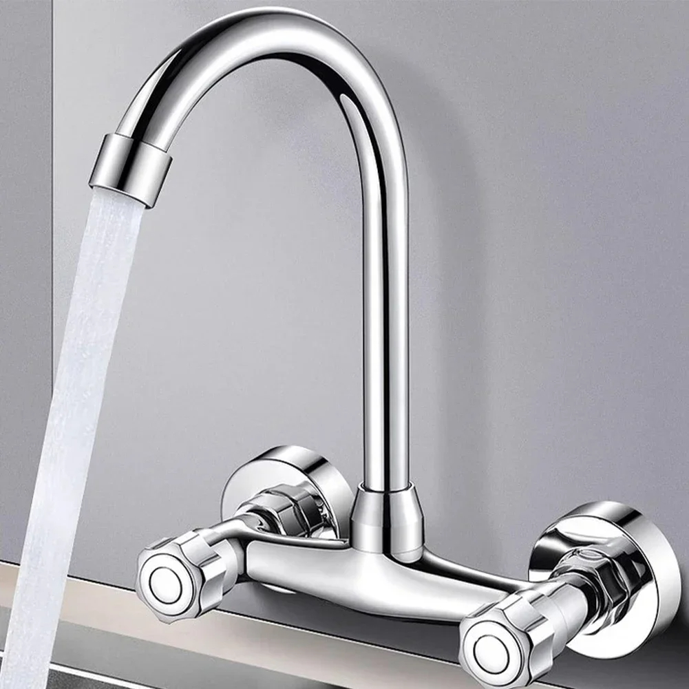 Stainless Steel Kitchen Sink Faucet Double Hole Wall Mounted Cold And Hot Faucet 360degree Swivel Kitchen Faucet