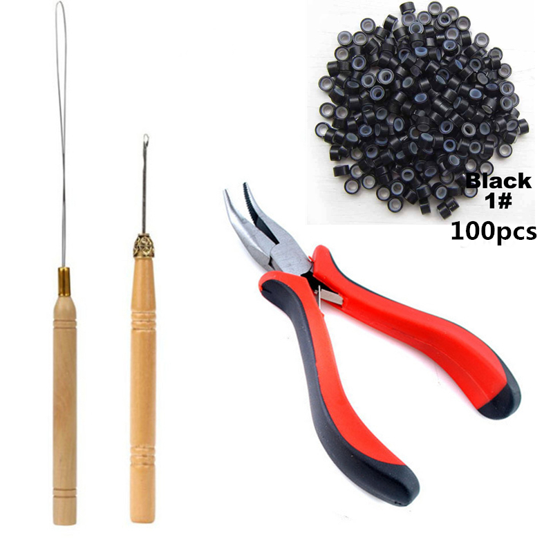 I-Tip Hair Extension Tool Kit with Pliers Pulling Hook Bead Device 100 Pcs 5mm Micro Links Rings Beads for Hair