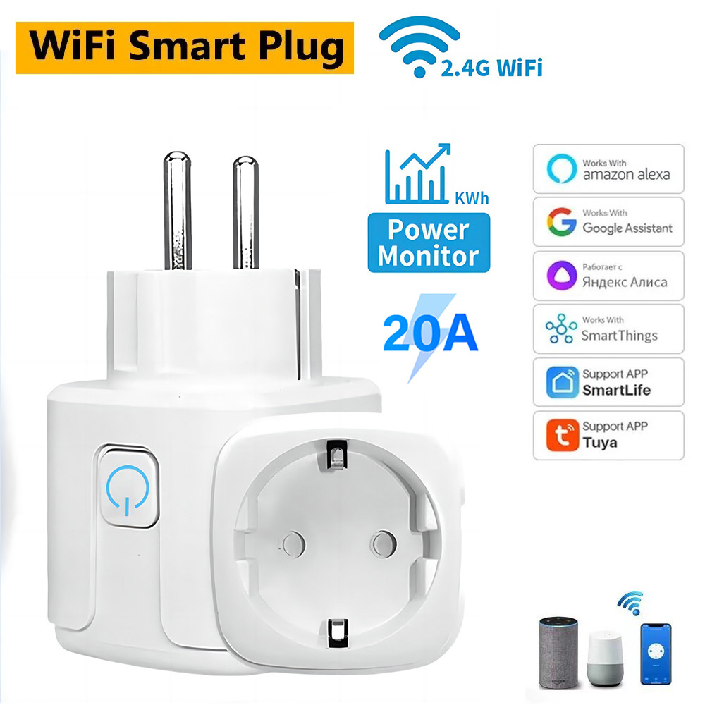 20A EU Smart Plug Tuya Wifi Socket Voice Control Remote for Alexa Yandex Home Energy Monitoring Function Alice