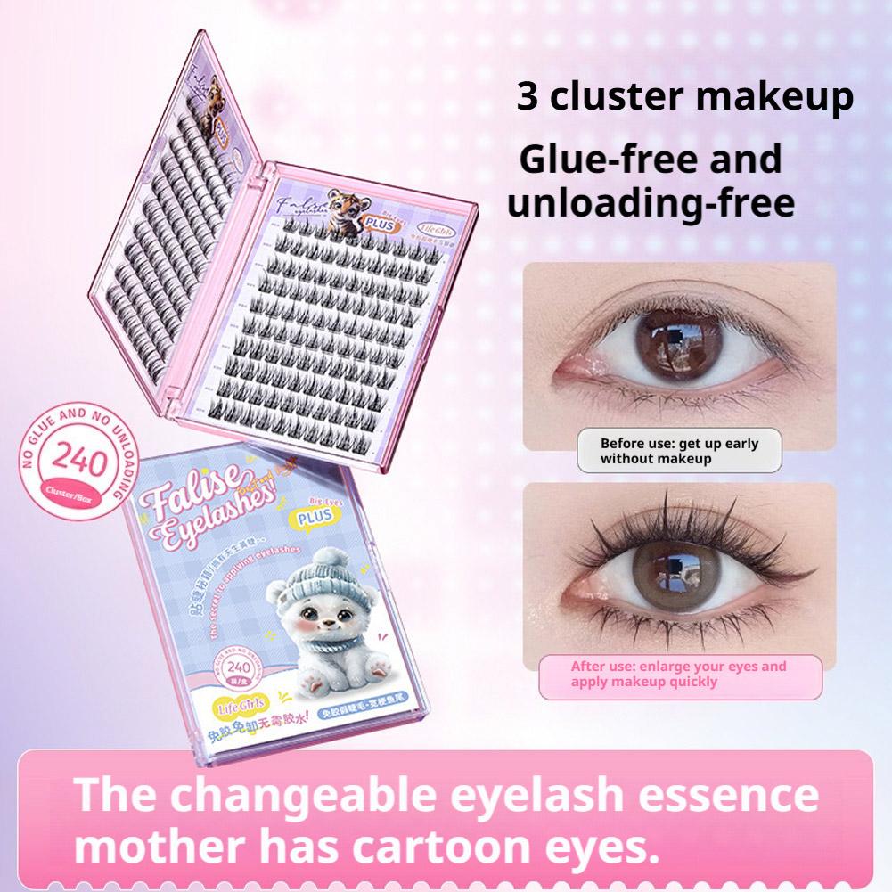 NEW Large Capacity No-Glue, No-Removal Self-Adhesive Wide Stem Fish Tail False Lashes - Natural Segmental Design Korean Style