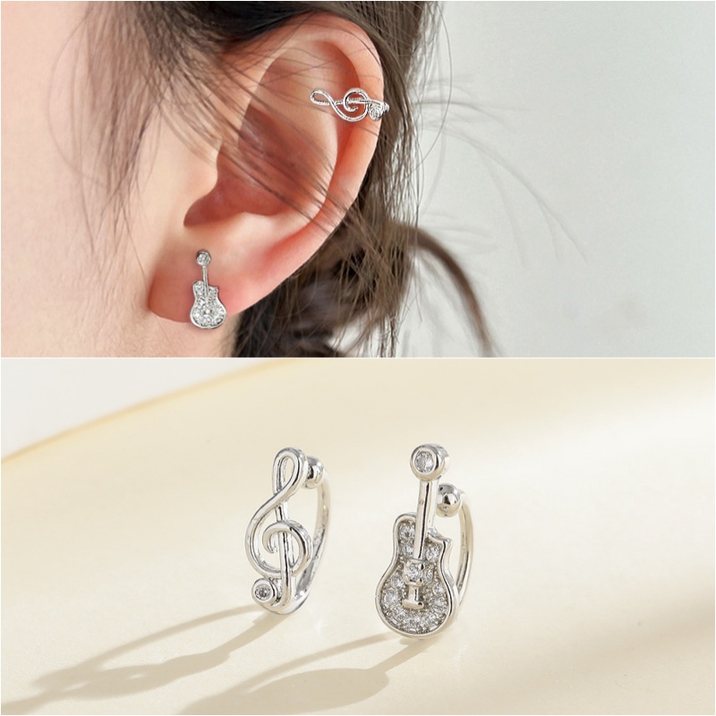 1Pcs New Trendy Silver Color Clip Earrings Dazzling Guitar Clear CZ Music Note For Women Girl Fashion Jewelry Gifts