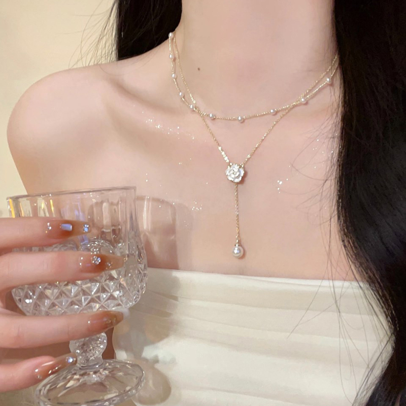 ‘1Pc New Fashion Unique Design Elegant Exquisite Double Tassel Pearl Camellia Necklace Women Jewelry Party Premium