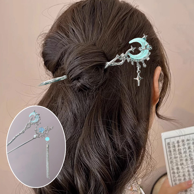 Neo Chinese Style Hairpin For Women Creative Moon Star Shaped Tassel Hair Stick Clear Cryolite Hair Pin Elegant Hair Accessories