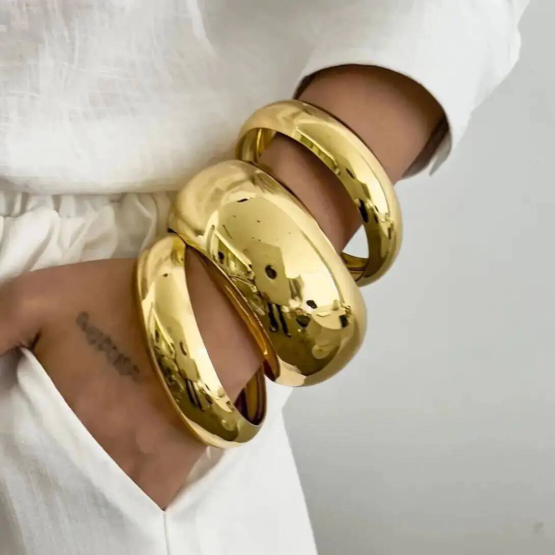 IngeSight.Z Vintage Smooth Metal Wide Thick Cuff Round Big Bangles Women Punk Geometric Gold Color Bracelets Pulseras Jewelry