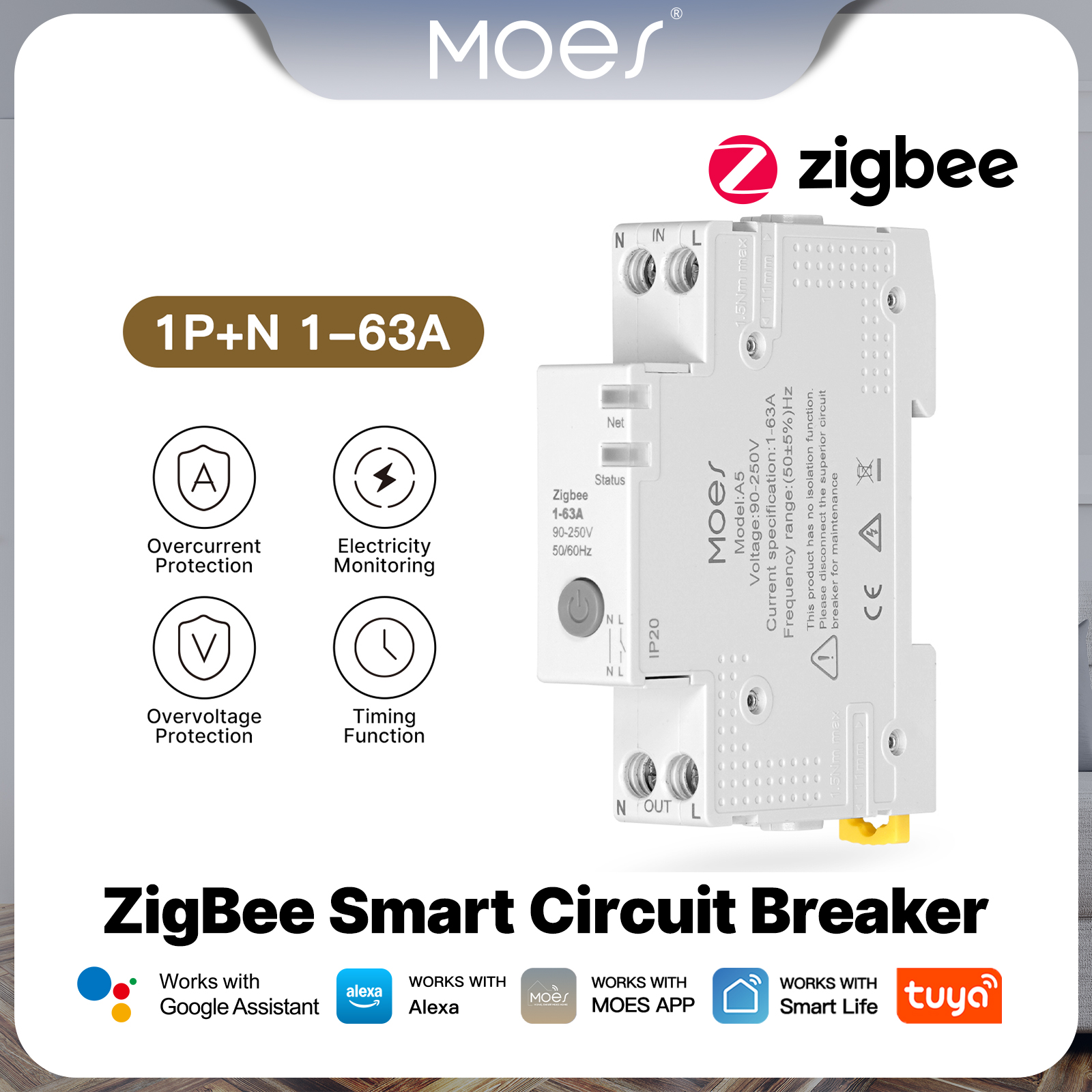 MOES Tuya Zigbee Smart 63A Circuit Breaker Electricity Monitor V0 Fireproof Retardant Alarm Threshold Set APP Control With Alexa