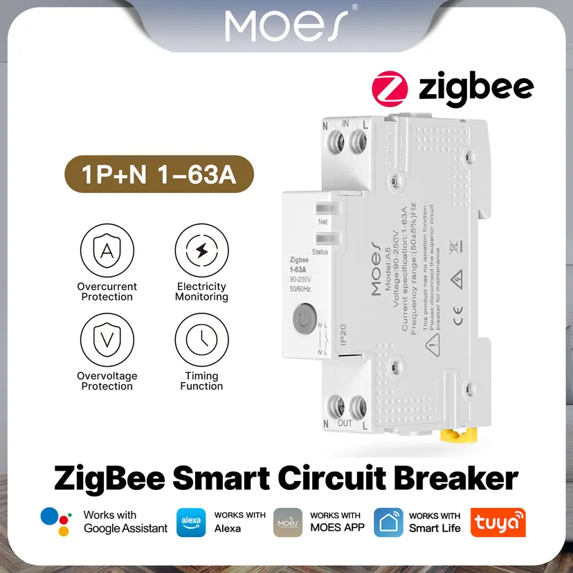 MOES Tuya Zigbee Smart 63A Circuit Breaker Electricity Monitor V0 Fireproof Retardant Alarm Threshold Set APP Control With Alexa