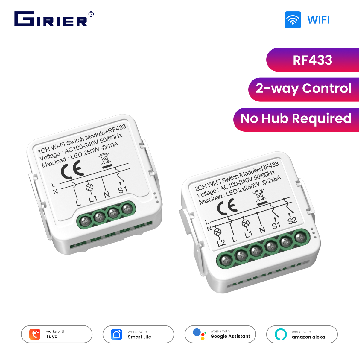 GIRIER Tuya Smart WiFi Switch Module RF433 DIY Breaker Relay Neutral Wire Required Supports 2-way Control Works Alexa Hey