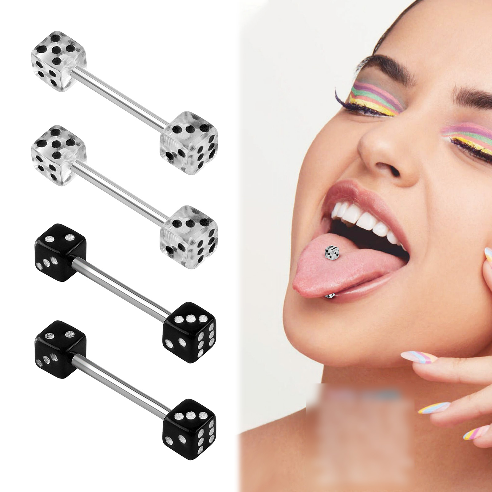 Hypoallergenic Stainless Steel 14G Straight Barbell Tongue Ring - External Thread Clear Acrylic Dice Ends, Body Piercing Jewelry