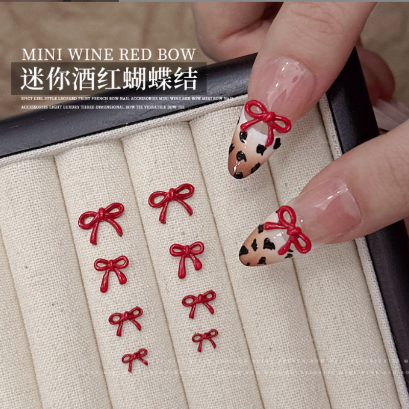 Red Alloy Bow Nail Charm Bulk 4Sizes 3D Ribbon Bowkont Mini Kawaii Nail Art Accessories DIY Winter Nails Decorations 10pcs