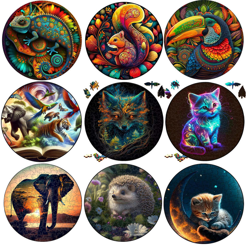 Hedgehog Wooden Jigsaw Puzzle DIY Crafts Animal Wood Puzzles For Kids Adults Educational Brain Trainer Family Interactive Games
