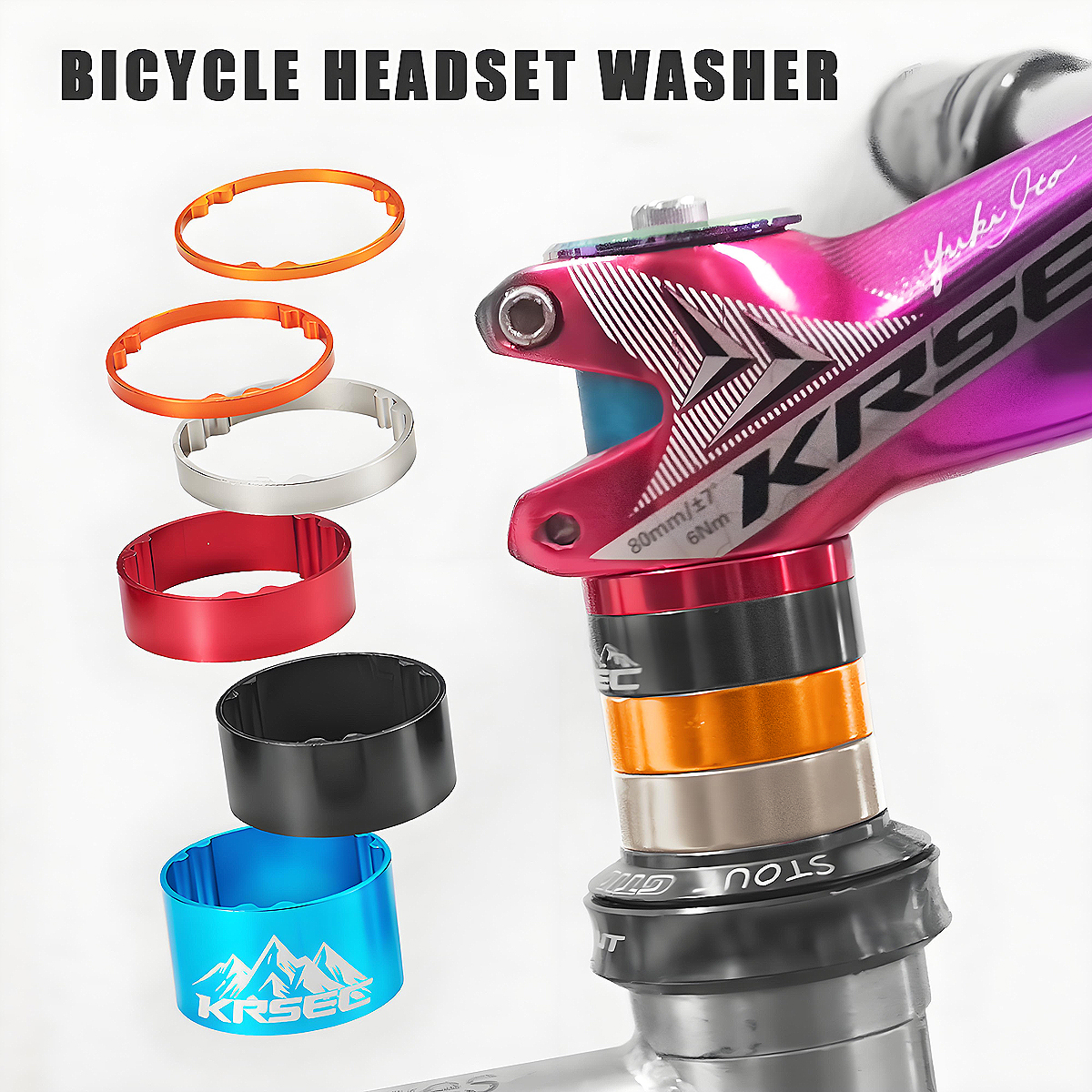 KRSEC 6/11PCS Aluminum Spacer 1-1/8" 28.6mm Bicycle Front Fork Headset Stem Alloy Washer Multi-size Height Handlebar Rise-up