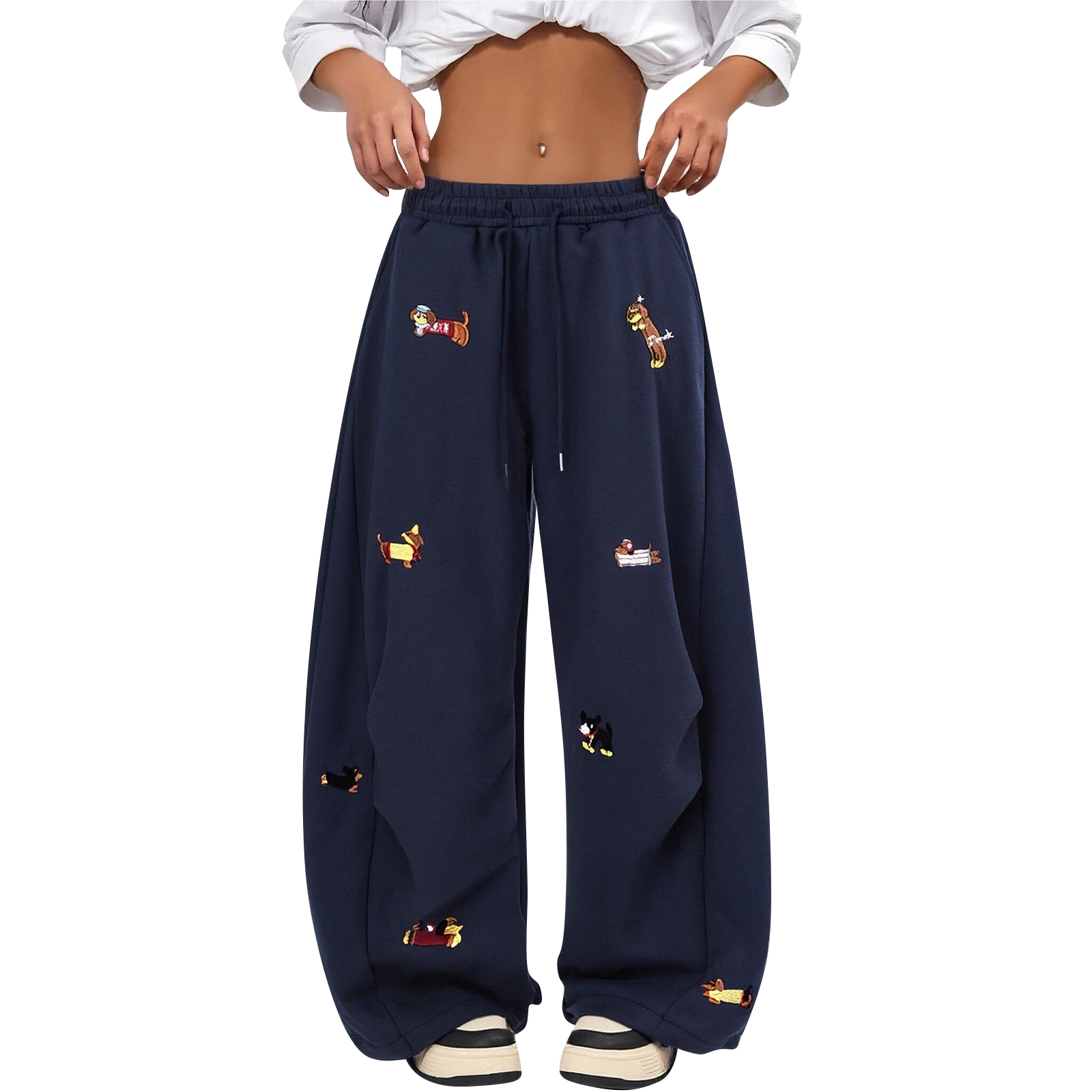 Women'S Embroidered Dog Wide-Leg Sweatpants High Waist Drawstring Baggy Barrel Pants Casual Neutral Lounge Trousers 2026 Trendy