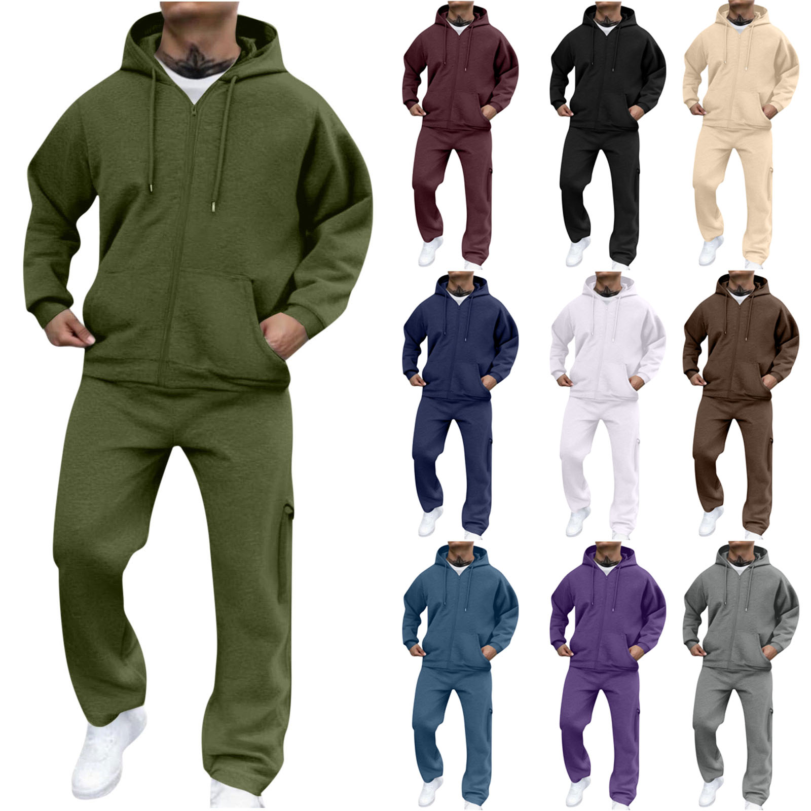 Mens Track Suits 2 Piece Set Sweatsuit Fleece Zip Up Hoodie and Sweatpants Jogging Suit Lounge Outfit Ropa De Gym para Hombre