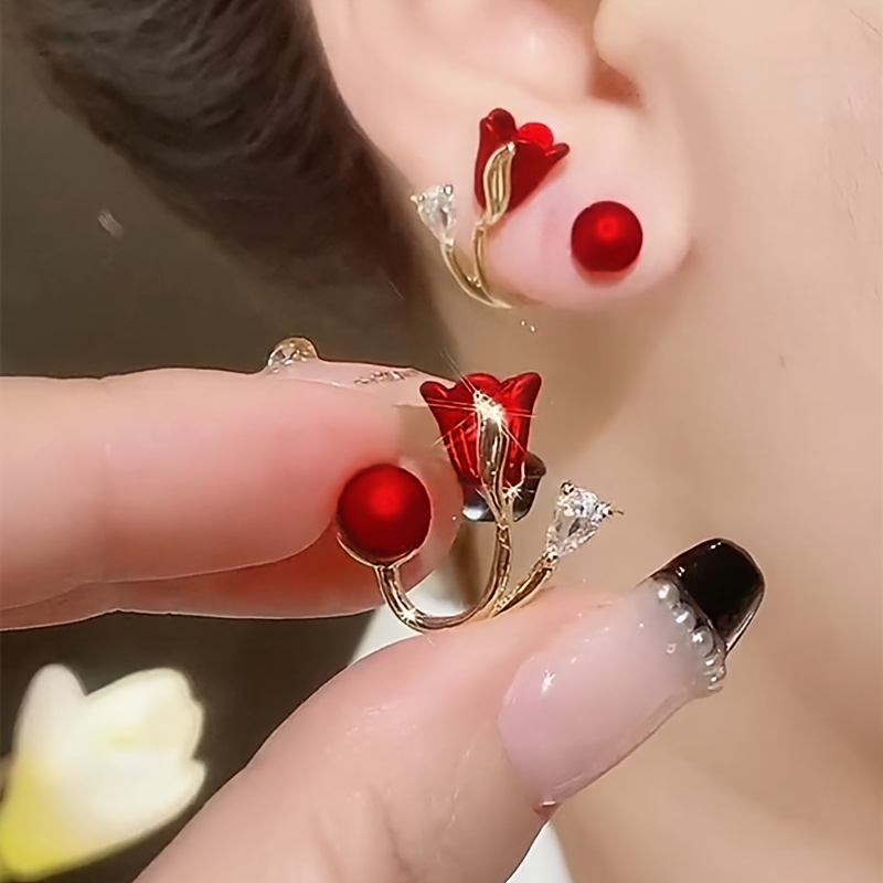 Korean Red Rose Stud Earring Fashion Imitation Pearl Flower Earrings for Woman Party Jewelry New Arrivals