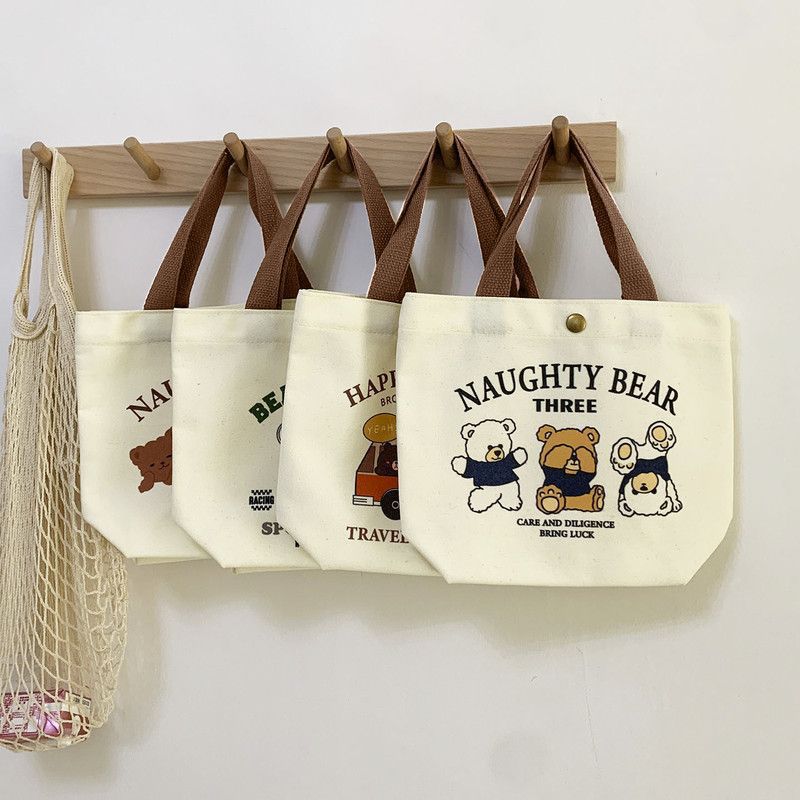 Bear Shape Canvas Tote Bag For Women Cute Mini Handheld Lunch Bag Student School Bag Bag