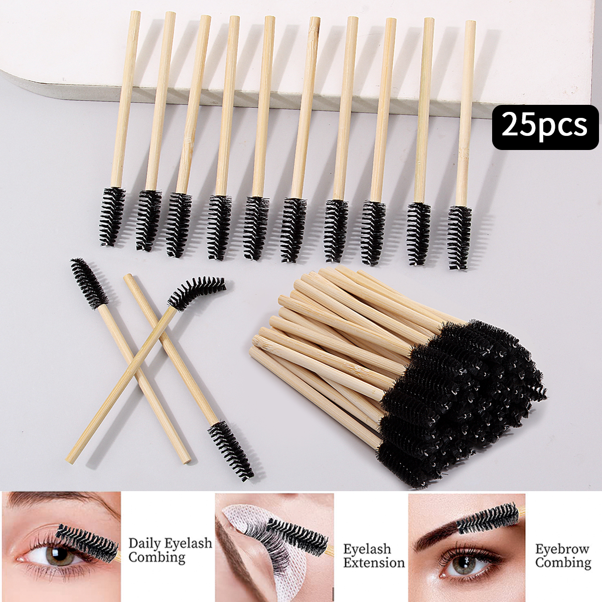 25/50/100PCS Natural Bamboo Eyelash Brushes, Makeup Applicator Kit, Eyebrow & Lash Brush Set, Portable Cosmetic Tools