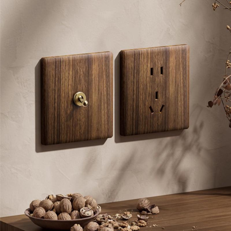 Wood Retro British Light Switch Socket Bedside Wall Lamp Switch LED Dimmer Pure Brass Toggle Switch Board