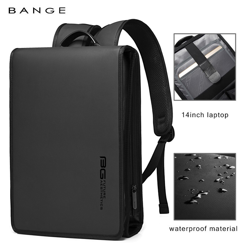 BANGE Simple Design Slim Backpack For Men 14 Inch Laptop Bag Waterproof Minimalist Flat Business Backpack Casual Travel Work Bag