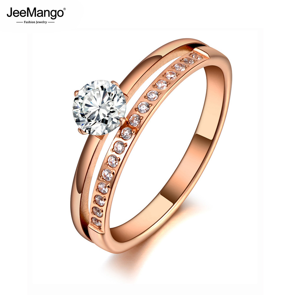 JeeMango Sparkling Design Titanium Stainless Steel Wedding Ring Rose Gold Color Mosaic CZ Crystal Party Ring For Women JR19155