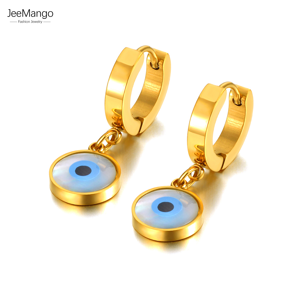 JeeMango Stainless Steel Blue Turkish Eyes Hoop Earrings For Women Girls Bohemia Party Shell Ear Jewelry Kolczyki Серьги JE21197