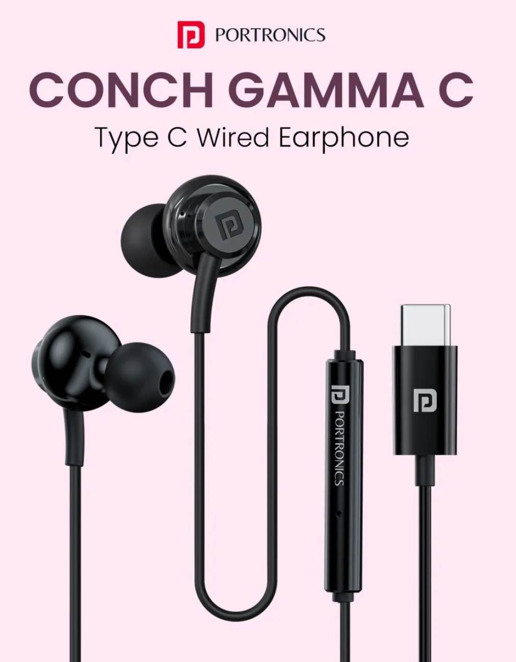 PORTRONICS Type C Earphone | 14.2mm Dynamic Driver | In Line HD Mic | TPE Anti Tangle Material