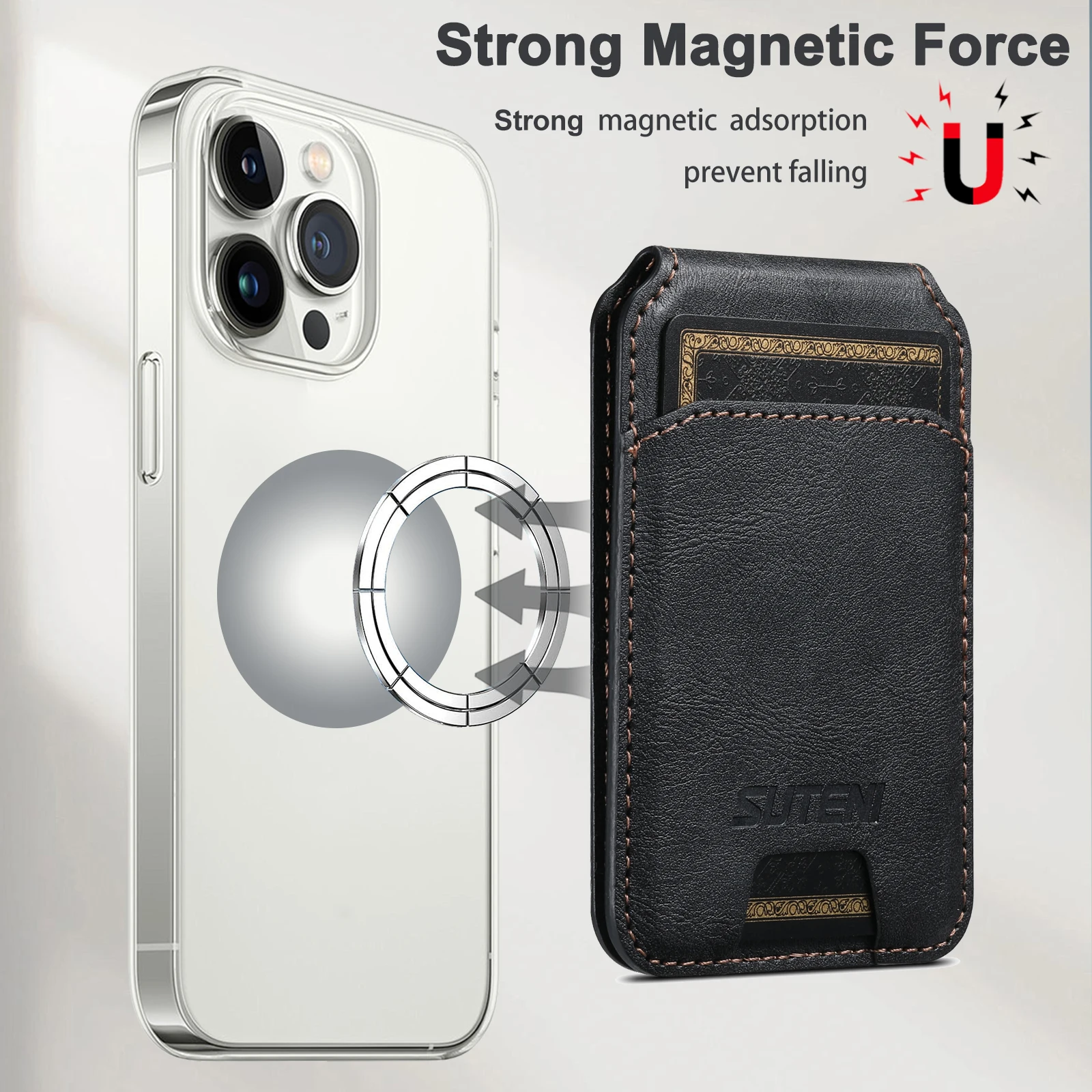 SUTENI Luxury Magsafe Leather Mobile Phone Wallet Flip Pocket Card Storage Bag Wallet
