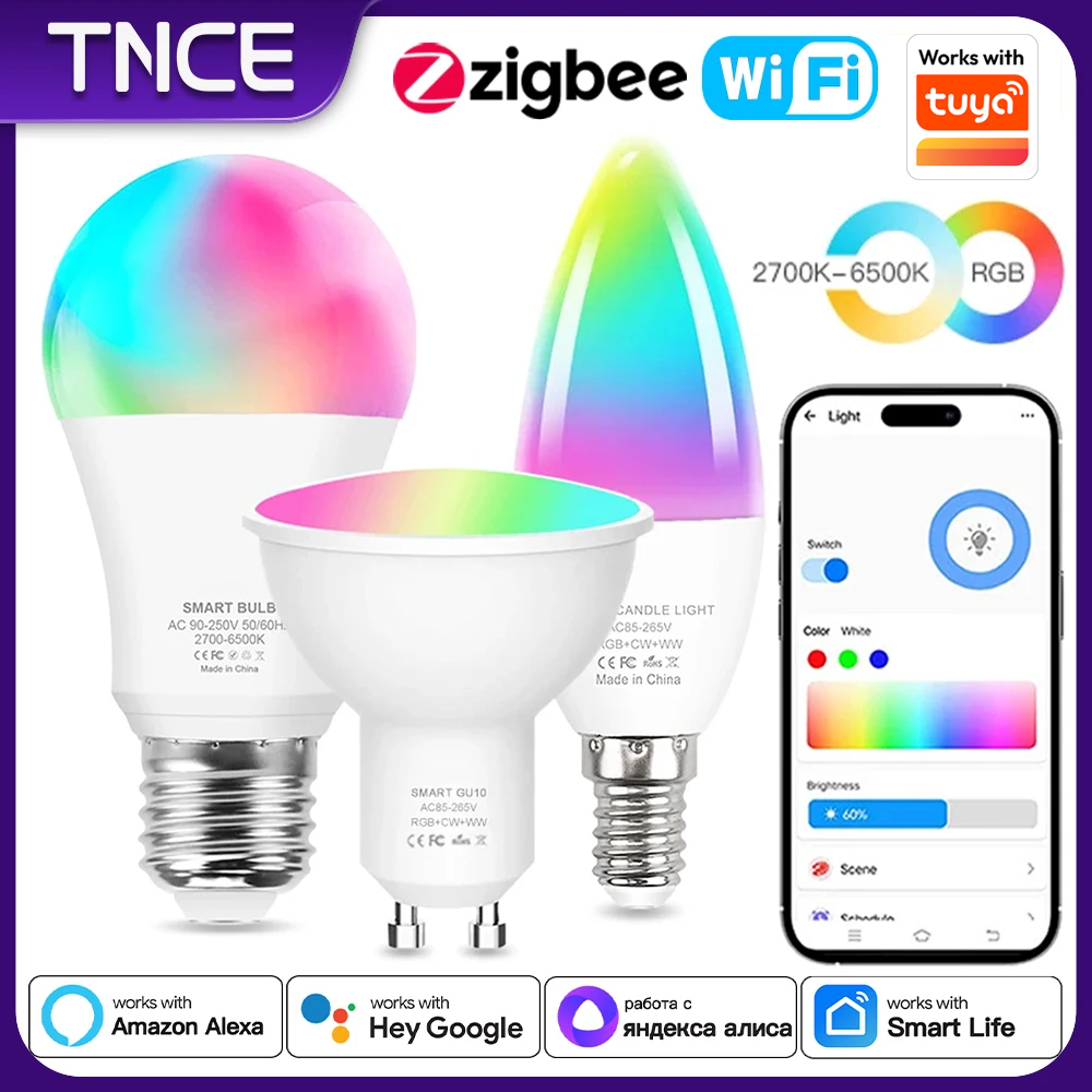 Tuya Smart WiFi LED Bulb E14 Candle Lamps 5W 7W 9W 220V Dimmable RGB Lamp APP Smart Voice Control Alexa Assistant Home