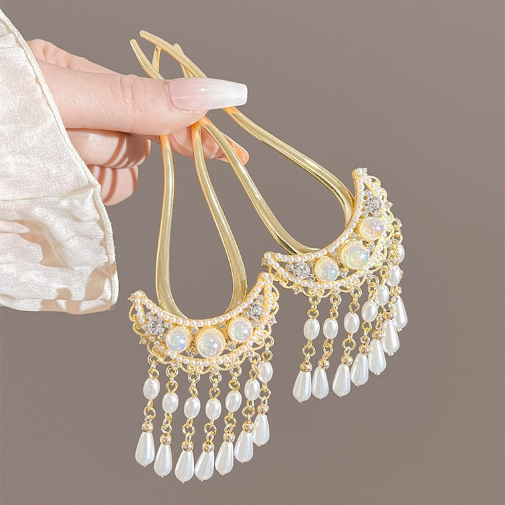 1pc U Shaped Hair Sticks Forks Pearls Tassel Pendant Decor Ancient Chinese Style Hair Bun Maker Shiny Rhinestone Designs pen gpt