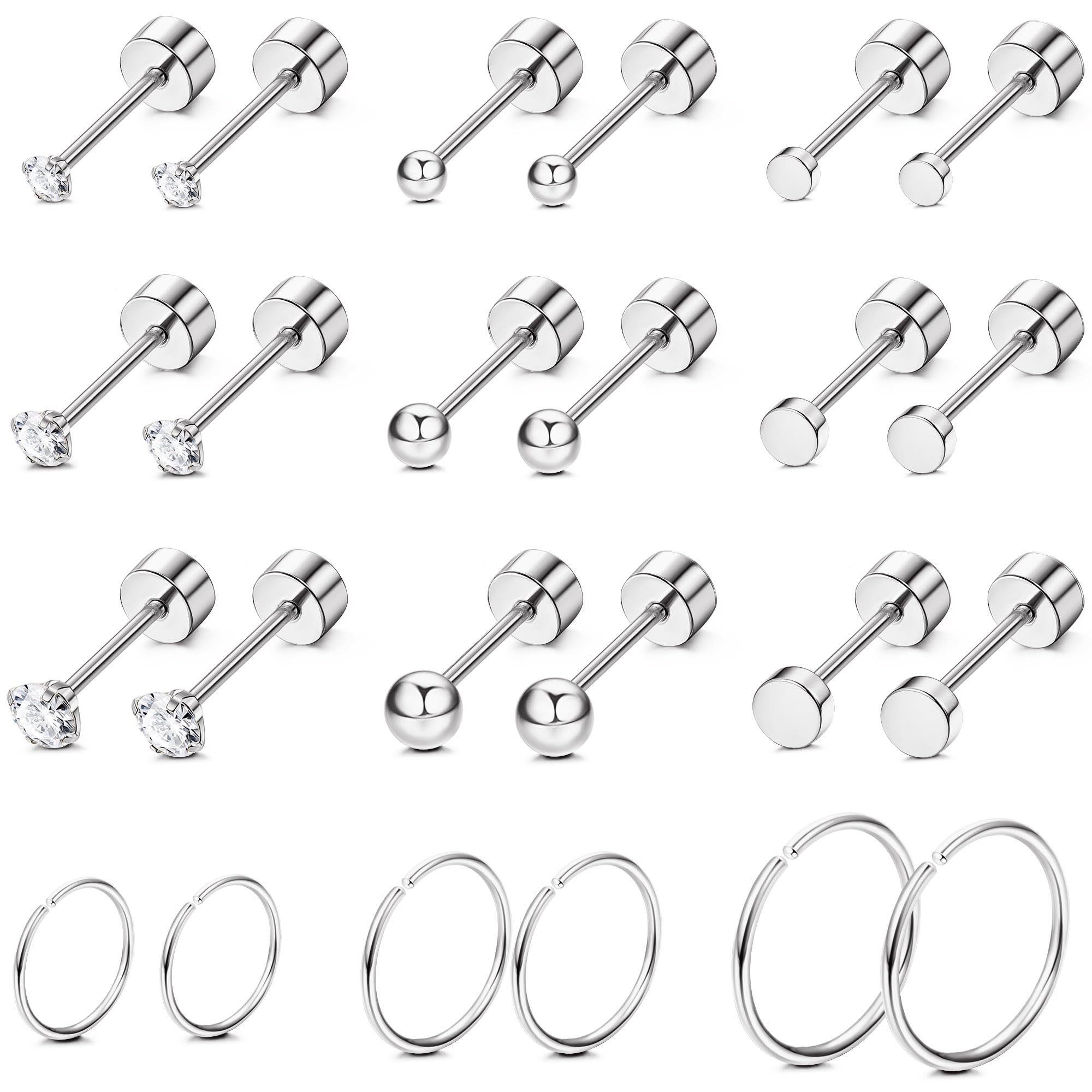 1 Pair Stainless Steel Small Tiny CZ Ball Flat Back Stud Earring Multiple Piercing Cartilage Hoop Earrings for Women Men