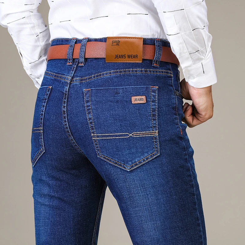 Autumn Winter Classic Men's Stretch Jeans Business Casual Cotton Denim Slim Straight Leg Pants Black Blue Trousers Male