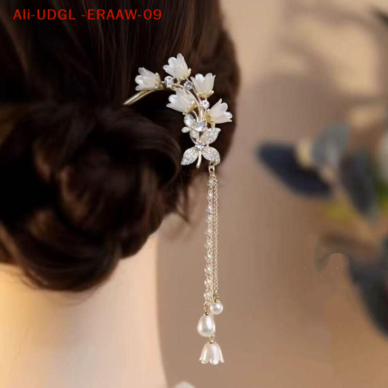 1Pc Chinese Hanfu Hair Accessories Long Tassel Vintage Lily Valley U-shaped Hairpins Flower Handmade Hair Sticks For Women
