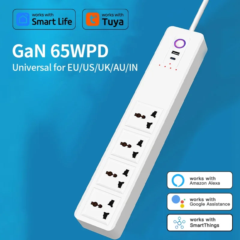 GaN PD65W Universal Power Strip Tuya Smart Life EU US AU UK IN Power Output Converter Energy Socket Alexa Assistant Voice