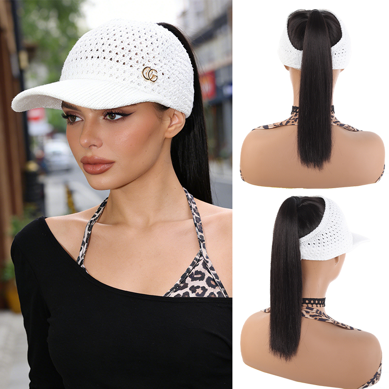 White Hollow - out Visor Wig with Straight Ponytail, Synthetic Fiber, Breathable & Lightweight, Easy to Wear for Summer, Gym & D